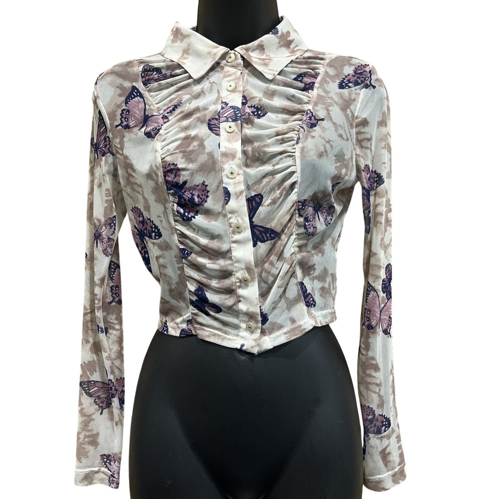 Meraki Sheer Mesh Button Down‎ Crop Top Women S Cream Butterfly Ruched Festival